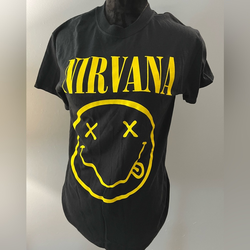 NIRVANA Men’s Black Tee with Yellow Smiley